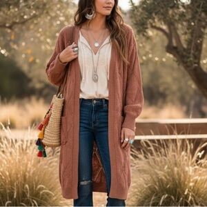 Wild Skye Terracotta Brown Pointelle Longline Cardigan Duster Boho Cottagecore
